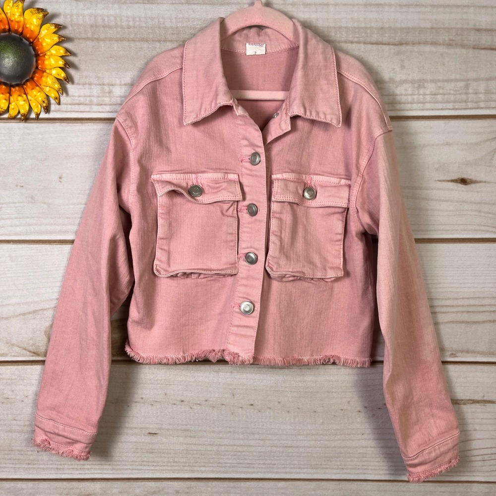Evsie Girls Pink Cropped Denim Jacket Raw Hem Size XS 8 Trucker Coat